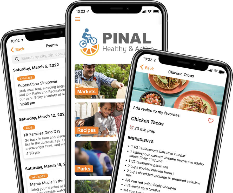 Screenshots of the Pinal Healthy & Active app showing various features.